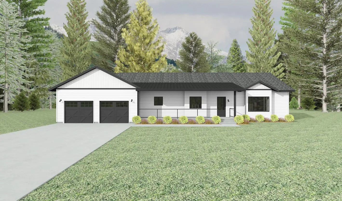 Fruitwood home with white siding and black garage doors